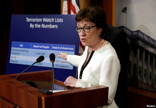 FILE - Senator Susan Collins, a Maine Republican, speaks at a news conference on Capitol Hill in Washington.